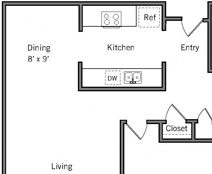 2D - 2 Bedroom 1 Bath Floor Plan Layout - 1142 Square Feet